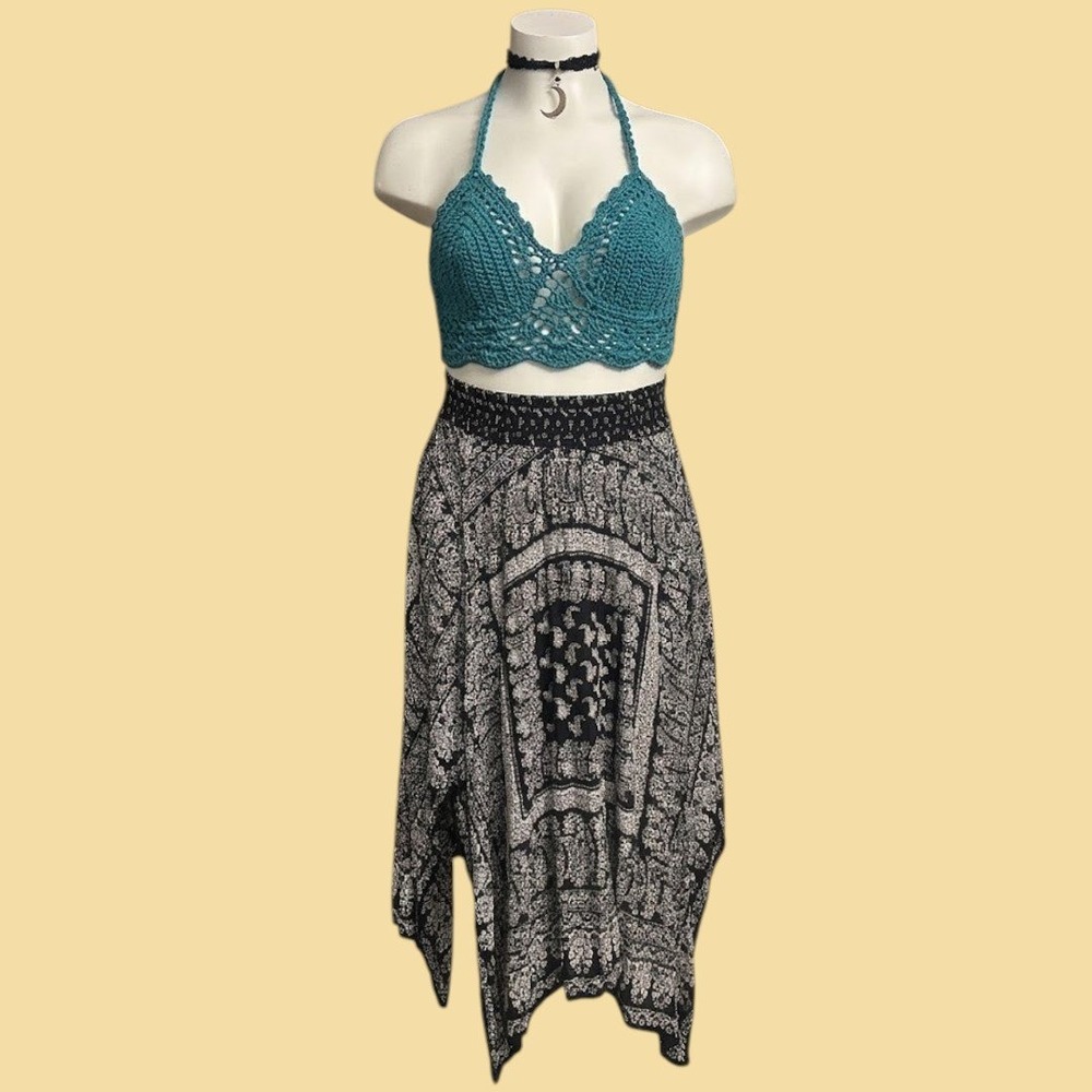 Bila Black White Paisley Handkerchief Hem Smocked Waist Skirt Large Indie Boho